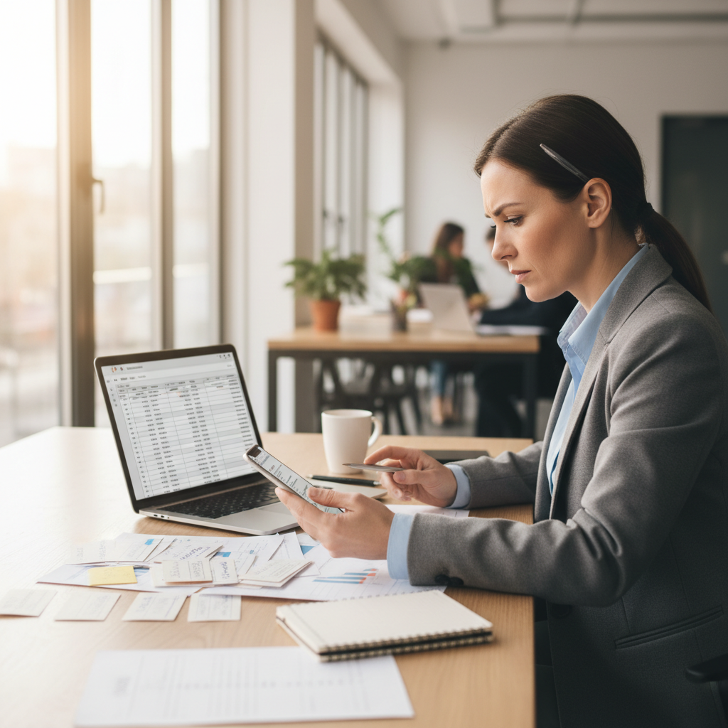 Sales professional on a phone call reviewing printed scripts and notes at a desk