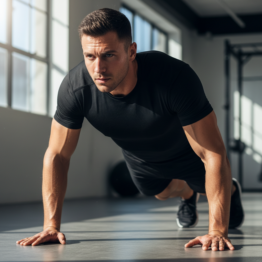 Man doing yoga plank on wooden floor in bright minimalist studio, calm focused expression, athletic wear