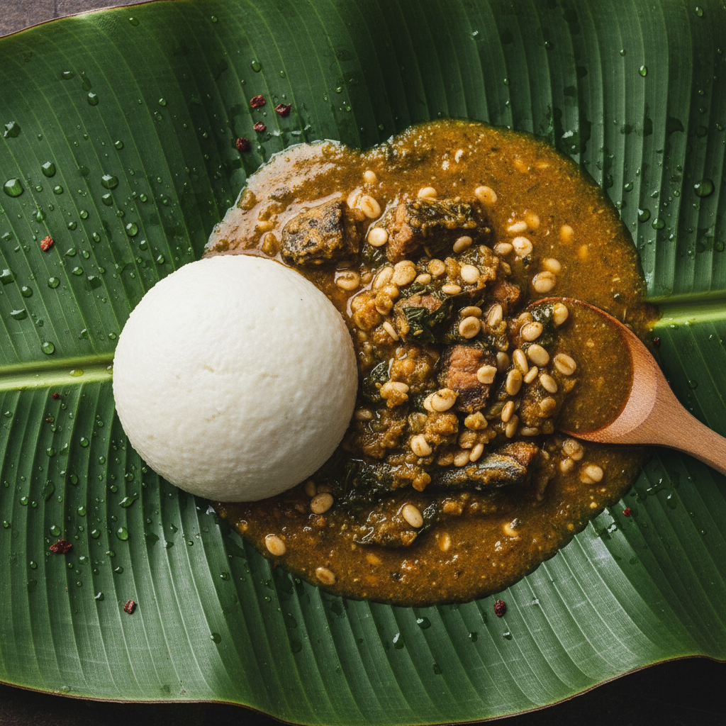 Rich egusi soup with assorted meats in a dark pot, deep green and amber tones