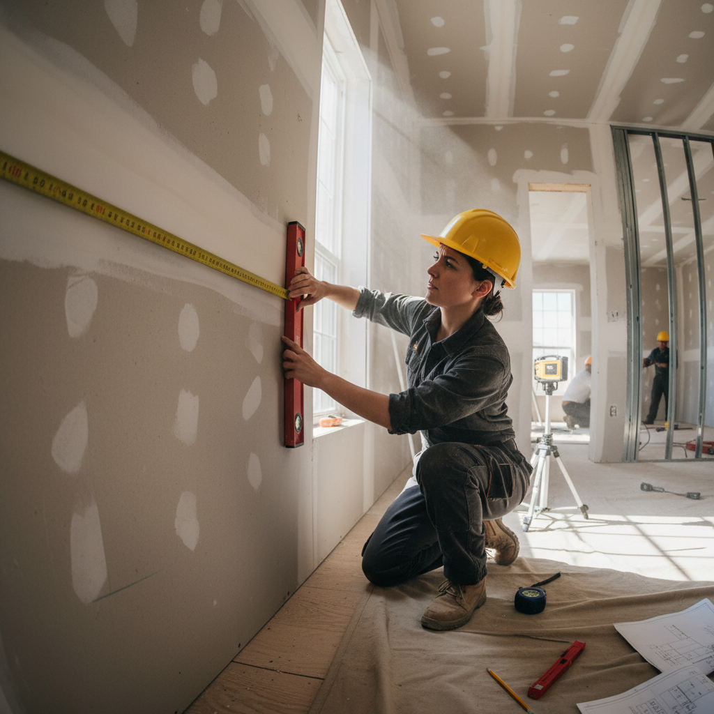 Marcus holding a level, wearing work clothes on a Chicago job site