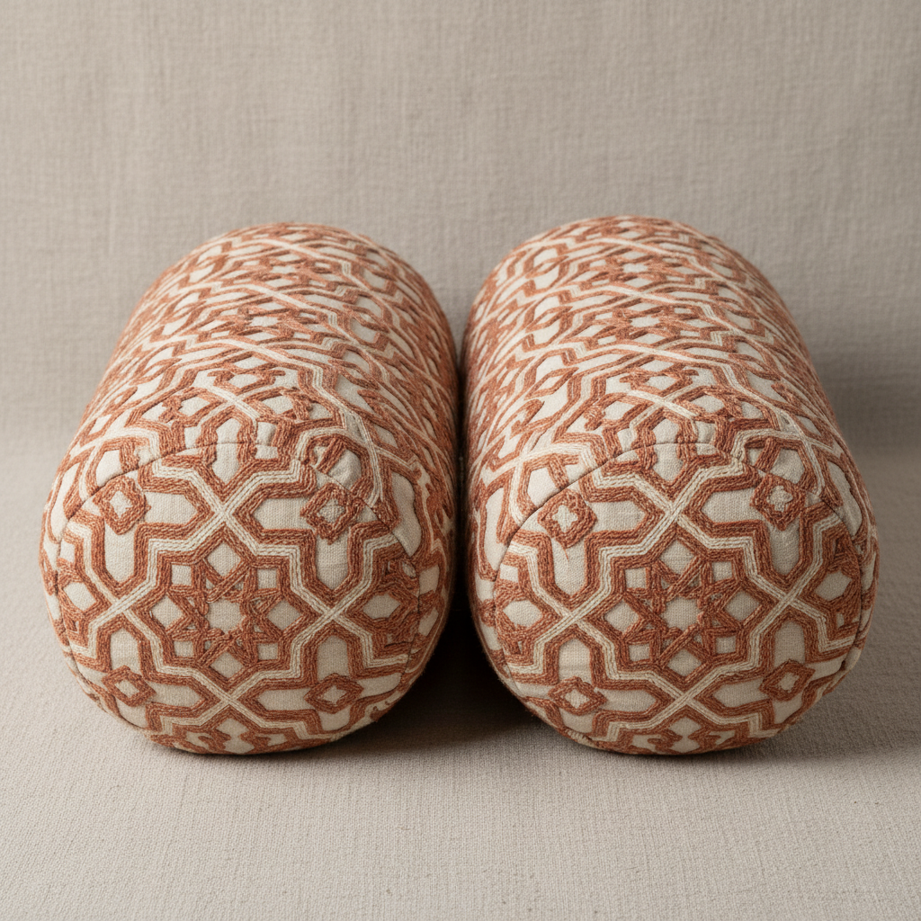Pair of embroidered bolster cushions with geometric Arabic pattern in terracotta and ivory