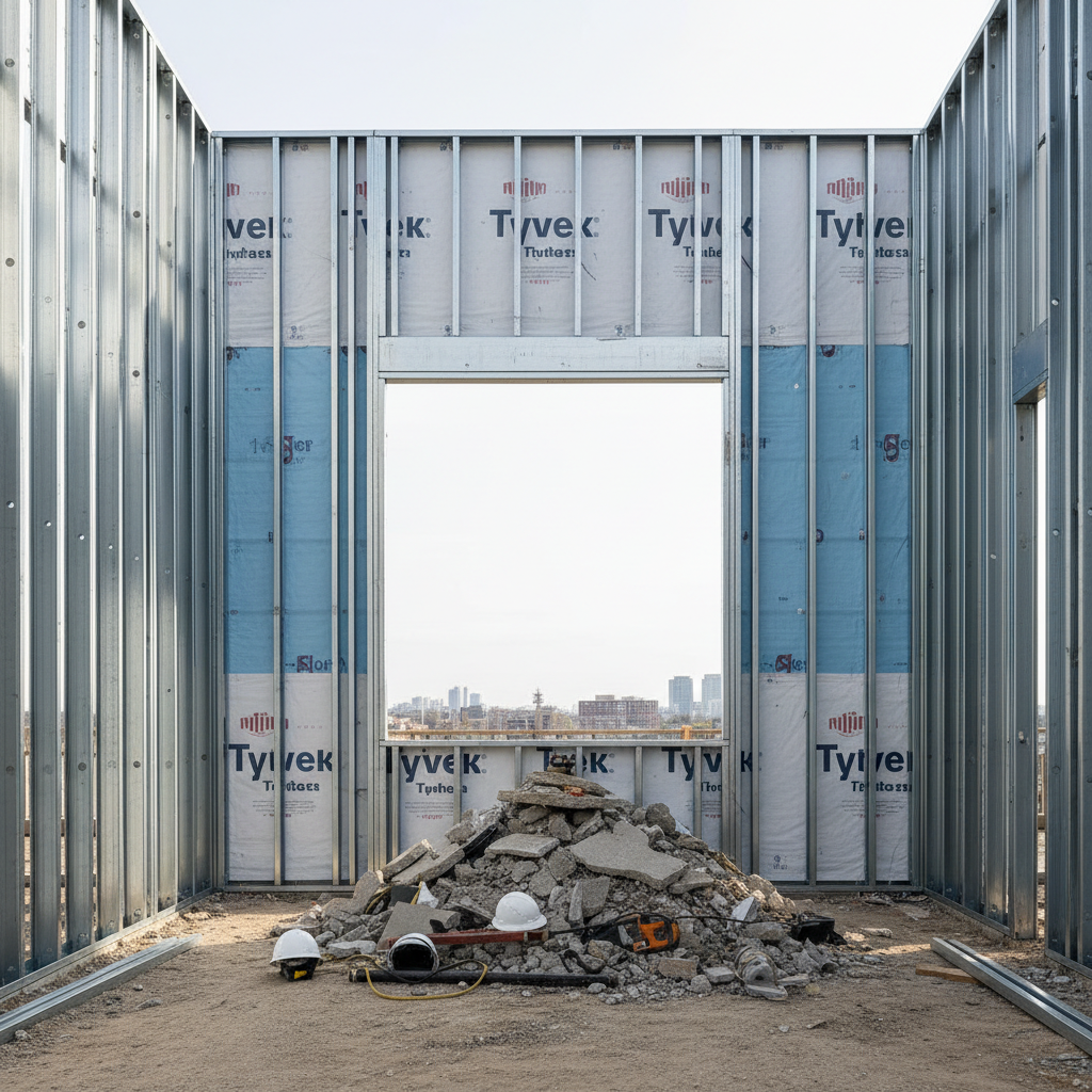 Raw construction opening with exposed steel studs, blue Tyvek wrap, and empty window cavity