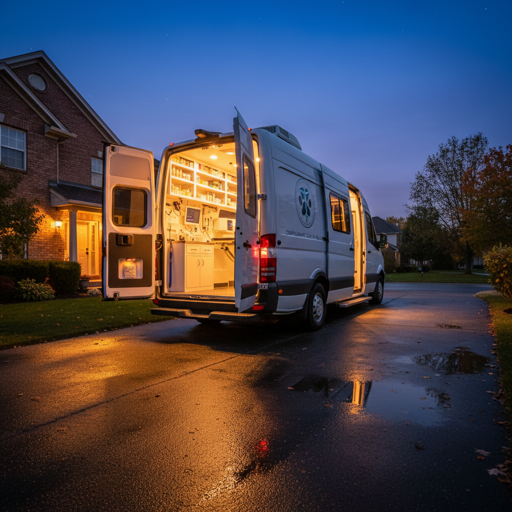 Mobile veterinary van parked in a residential driveway at dusk with amber interior lights glowing through the open rear doors