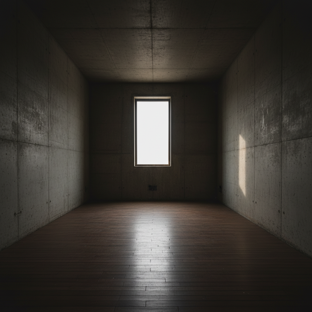 Empty dark room with single window light