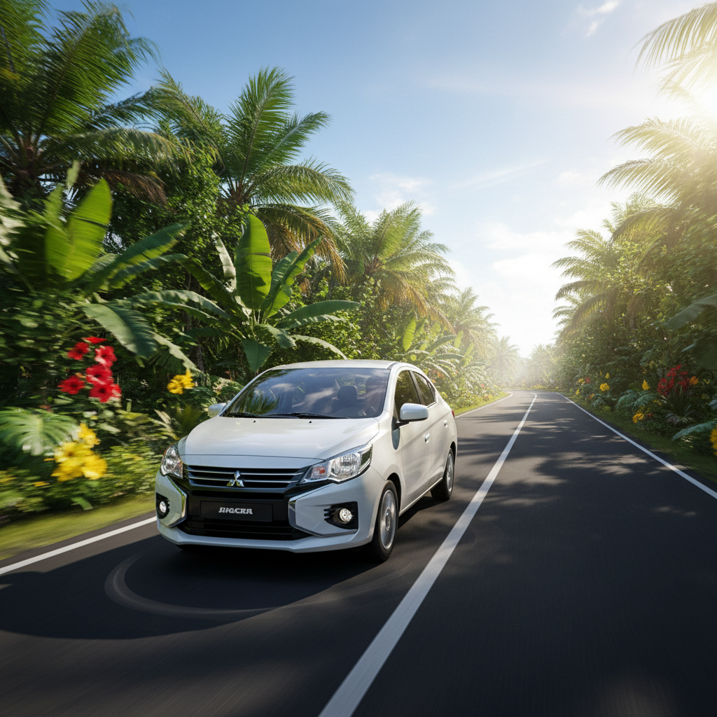 Mitsubishi Attrage small sedan on a clean road in a tropical setting