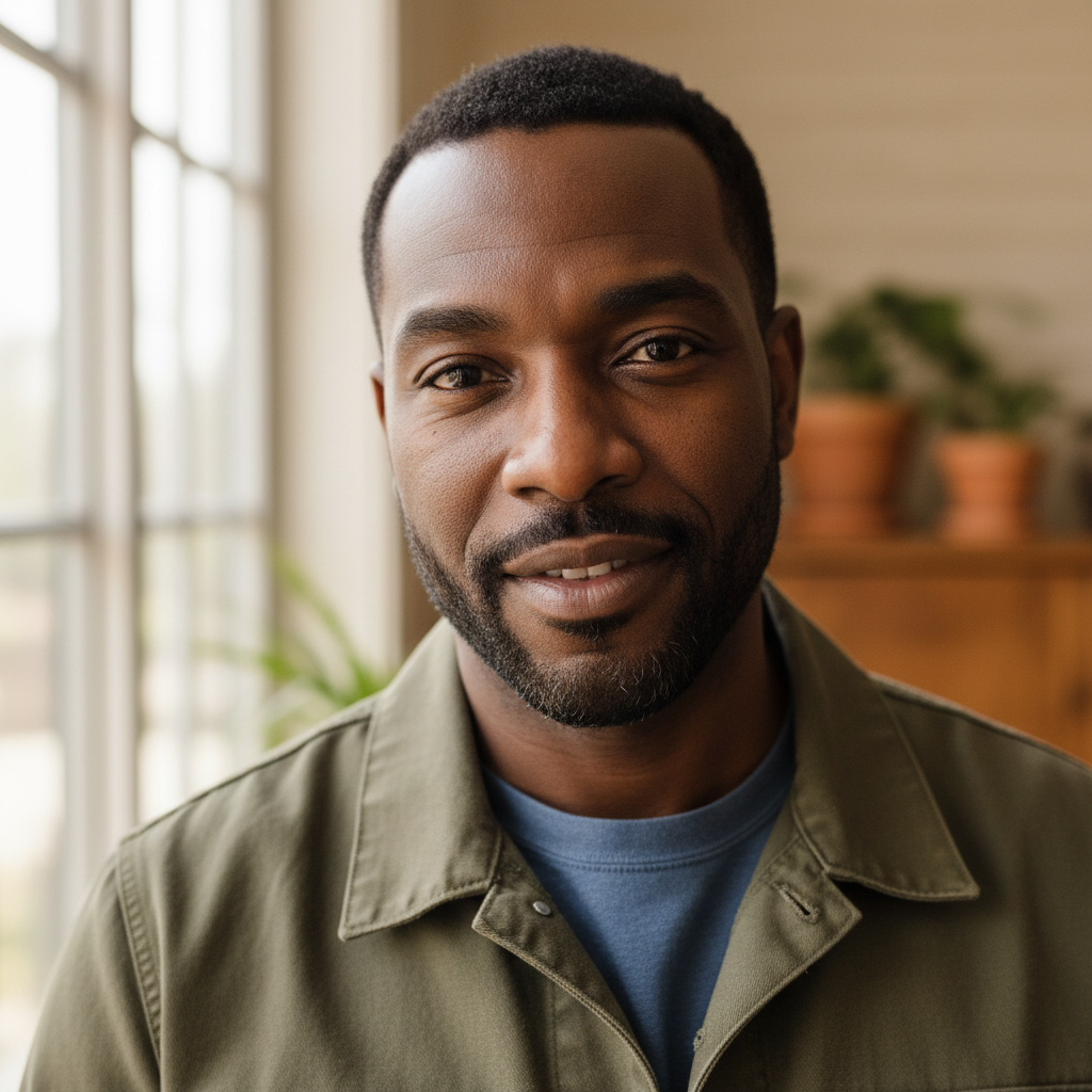 Portrait of a Black man in his 40s with a confident expression, wearing a work jacket