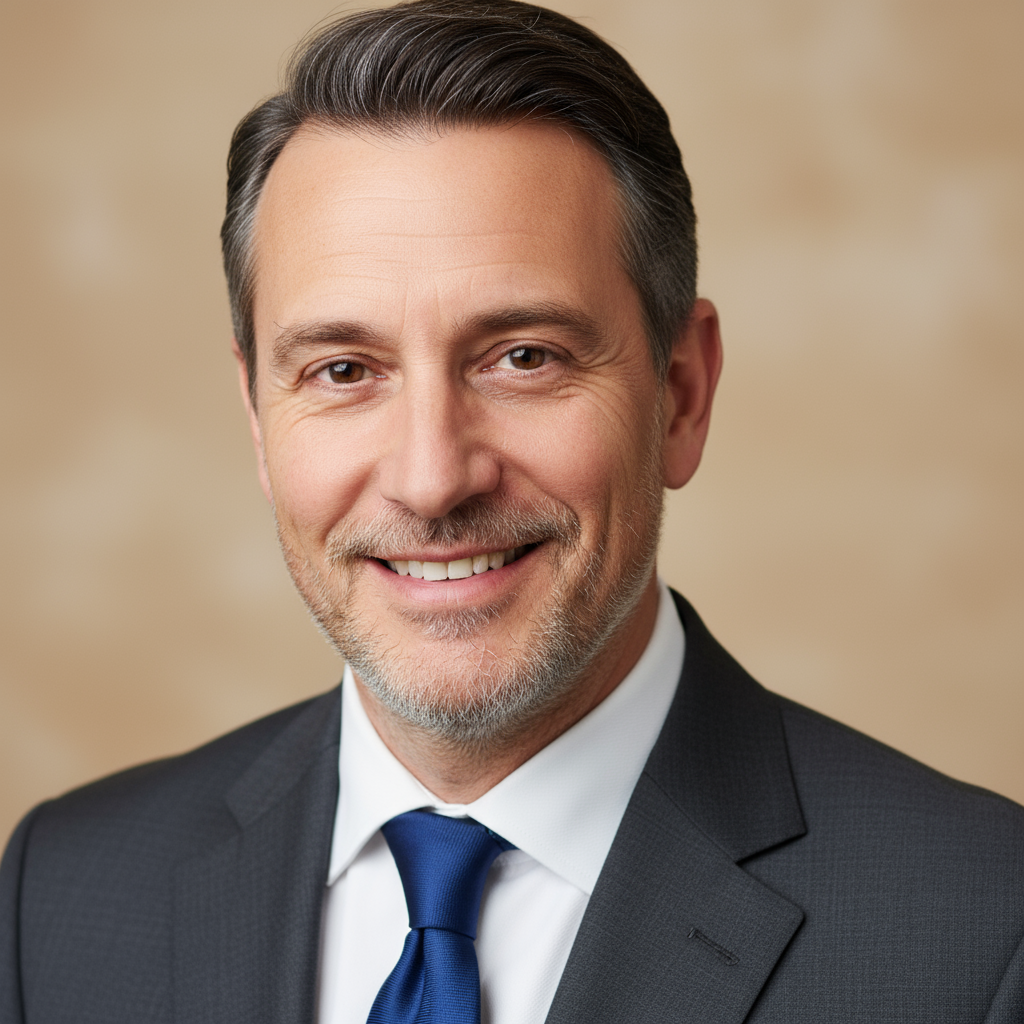 Professional headshot of business executive in suit, neutral background