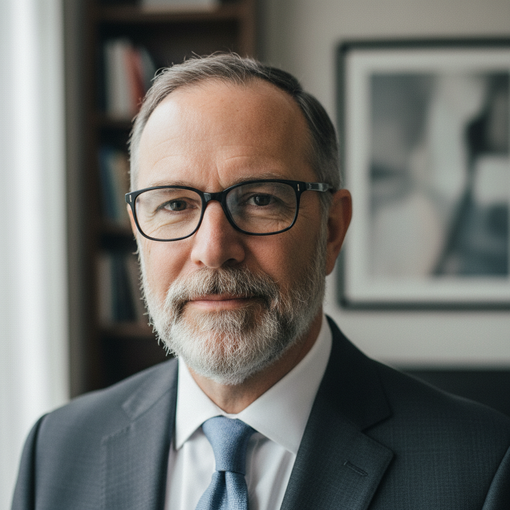 Middle-aged man with beard and glasses, professional casual portrait