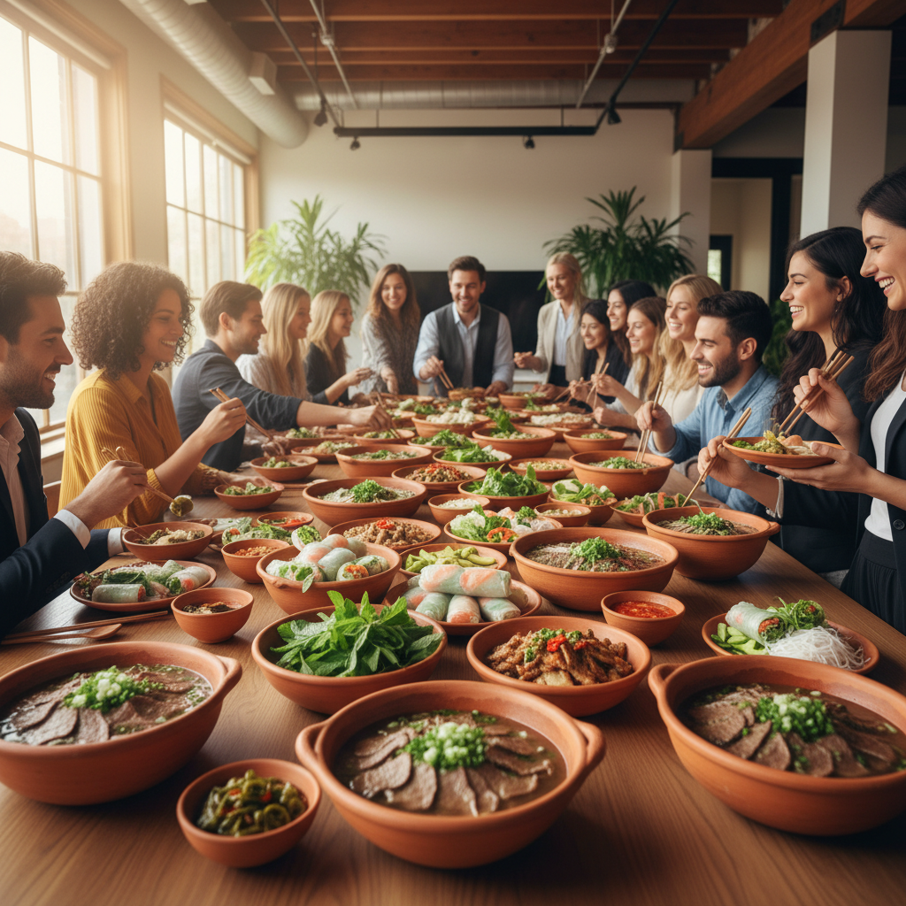 Office catering spread with Vietnamese food in clay bowls on a long wooden table with professionals gathered around