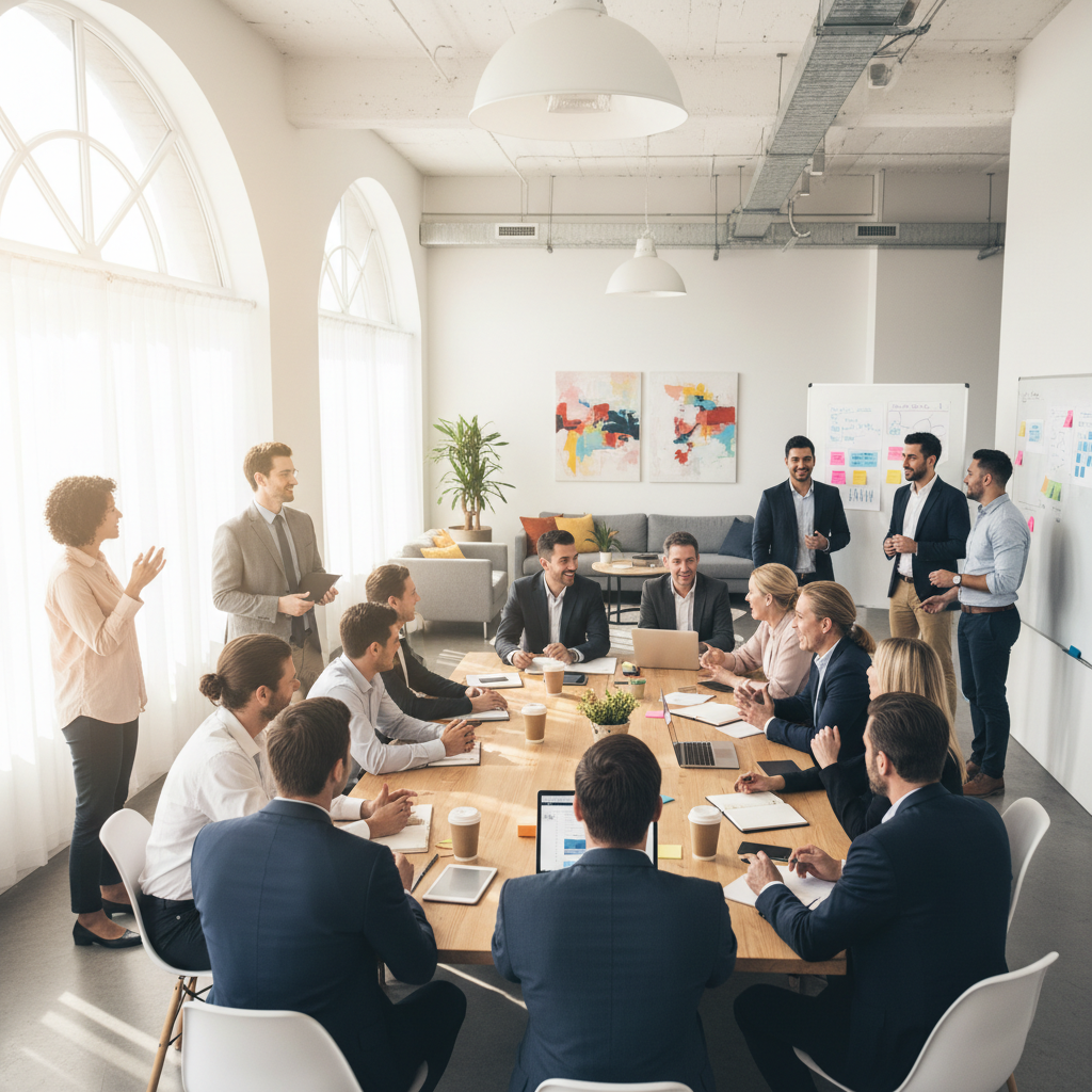 Business professionals in collaborative meeting, bright modern office