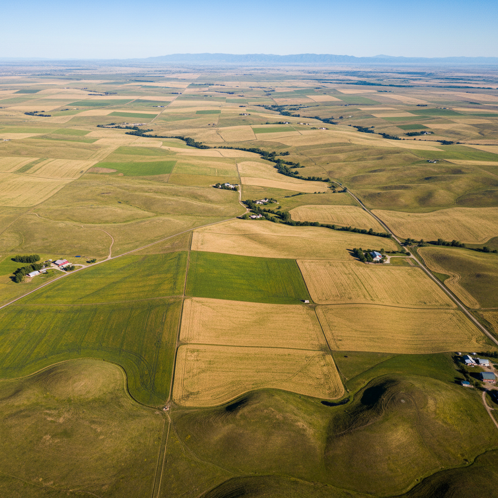 Aerial satellite view of open plains farmland