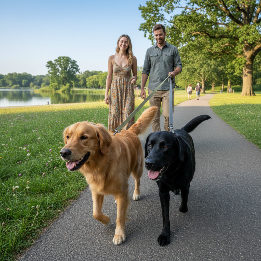 Two dogs walking calmly side by side on leash with owners