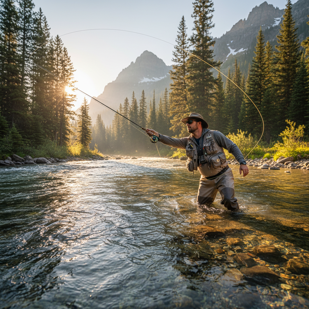 Fly fisherman wading in scenic mountain river at sunrise
