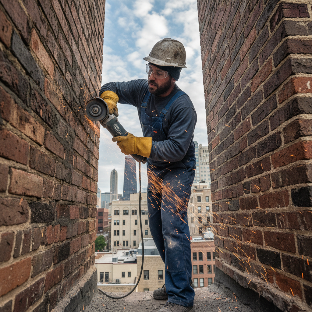 Masonry worker grinding out deteriorated mortar joints with angle grinder on historic Chicago chimney