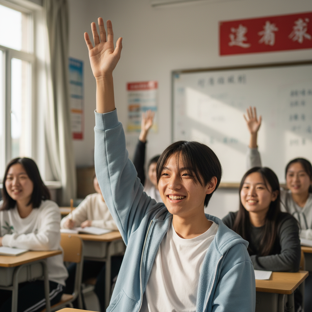 Teenage student in a classroom raising hand enthusiastically during a Mandarin discussion session