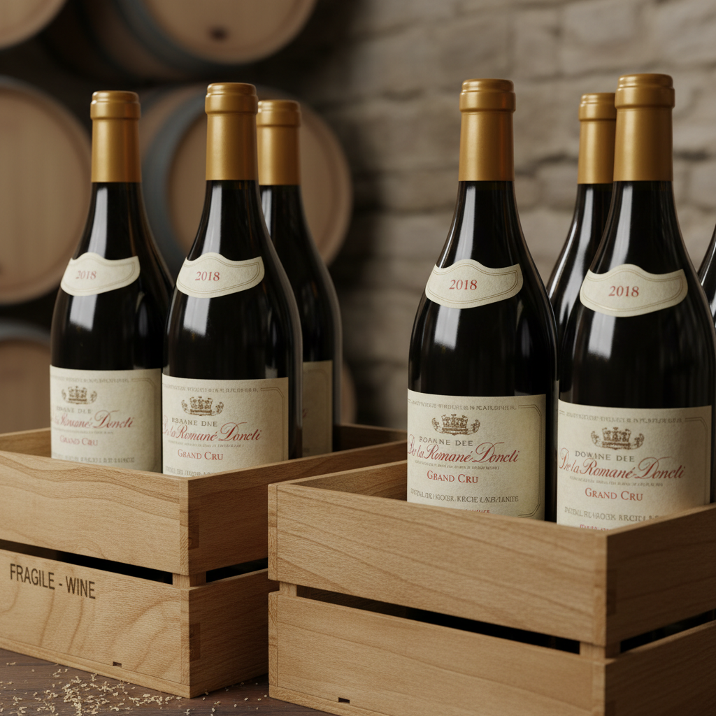 Burgundy wine bottles in wooden gift box, bright elegant presentation, natural light