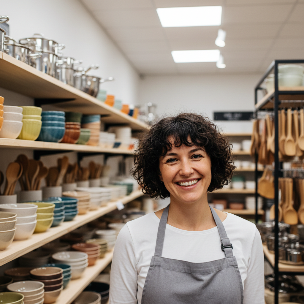 Maren Hollis, owner of Salt and Board kitchen shop in Portland, smiling woman with short dark hair
