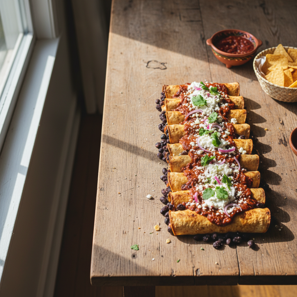 Overhead shot of black bean enchiladas on a real kitchen table