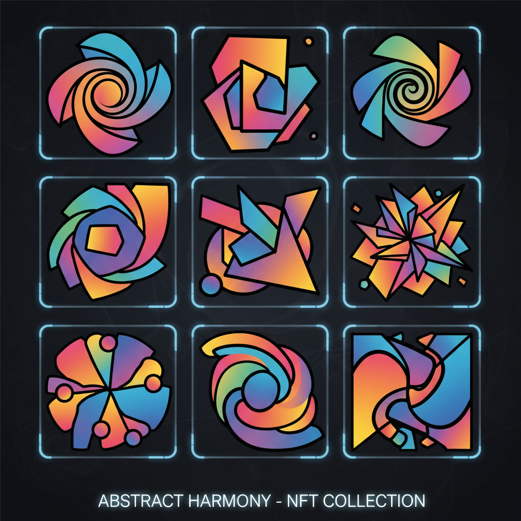 Colorful NFT digital art pieces displayed on dark background with neon glow effects