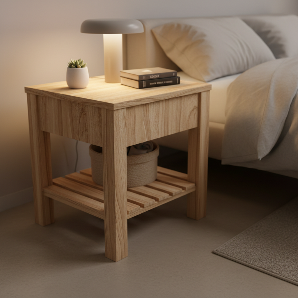 Simple wooden nightstand beside bed with lamp and book, warm walnut stain, clean Scandinavian bedroom