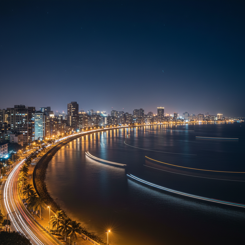 Mumbai Marine Drive seafront promenade at twilight with curved necklace of city lights and calm ocean