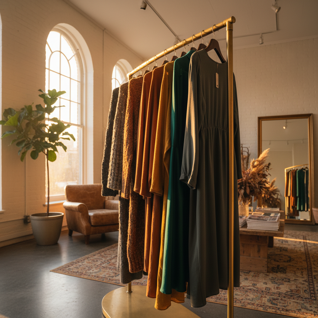 Women browsing clothing in a fashion store, warm ambient lighting, editorial style