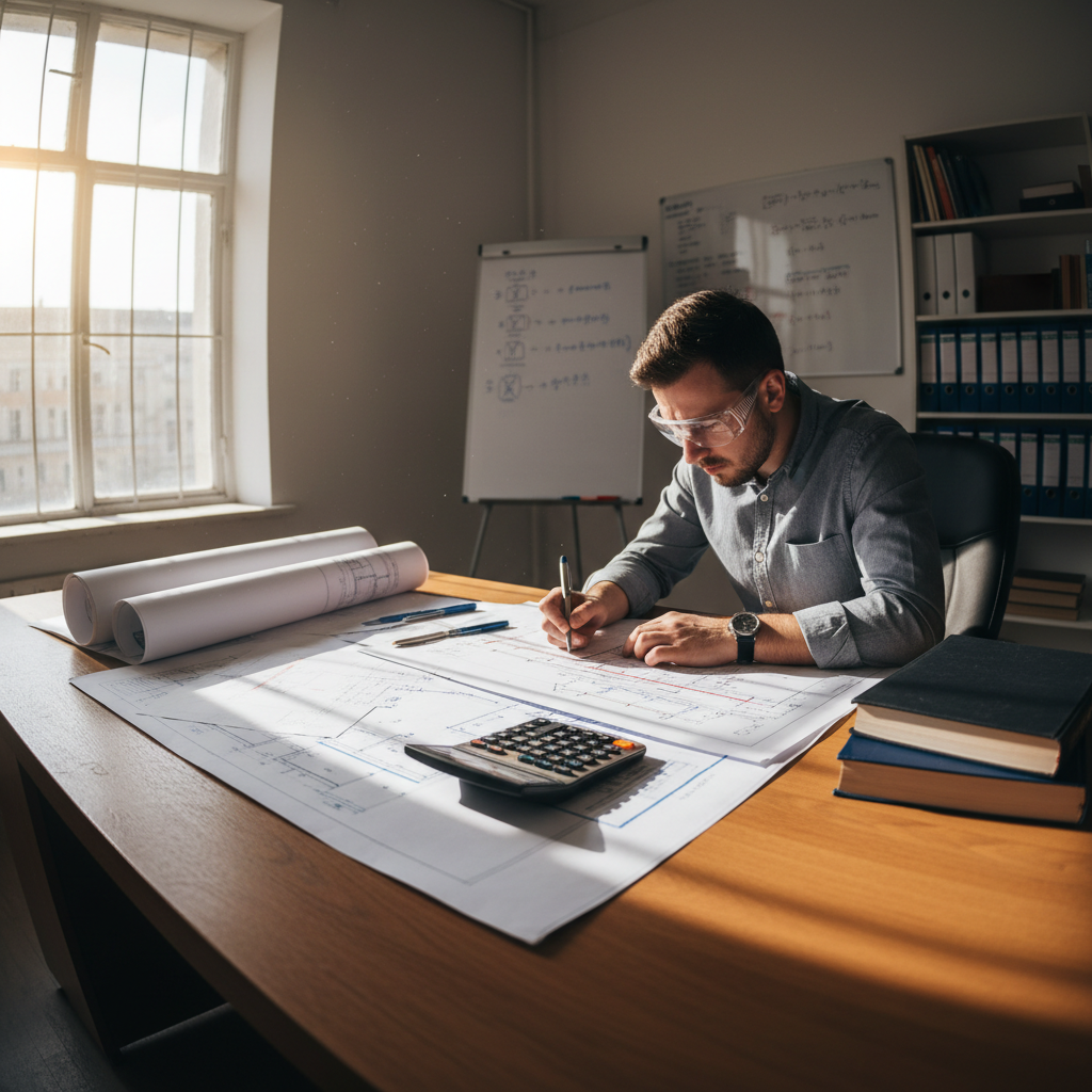 Engineer reviewing hydraulic calculation drawings at a drafting table with blueprints spread out