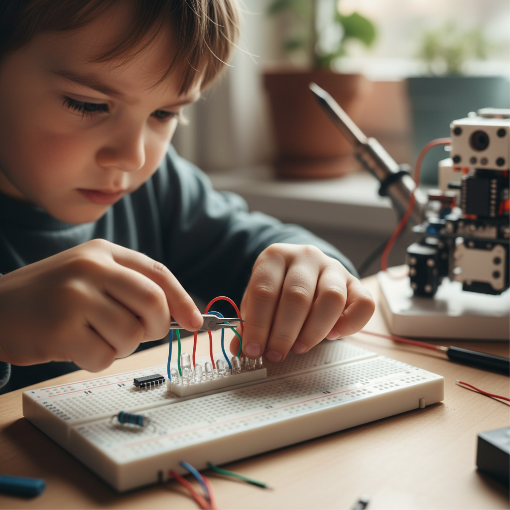 Child's hands wiring an LED grid on a breadboard, close-up