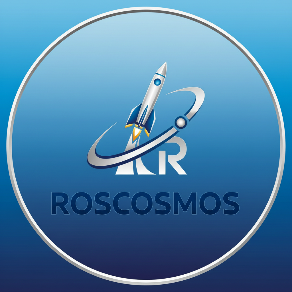Roscosmos logo with blue background and rocket symbol