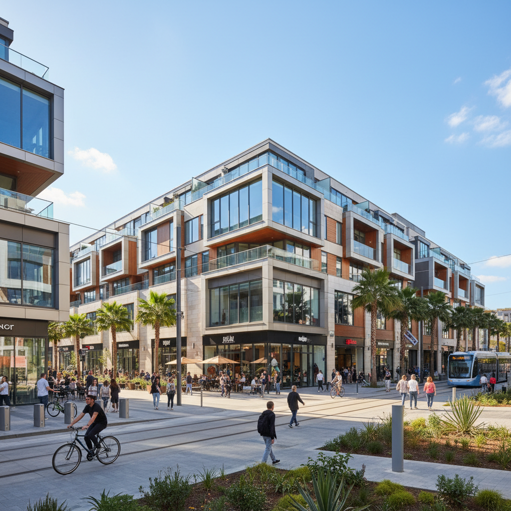 Commercial real estate development, modern mixed-use building, urban setting, professional architecture