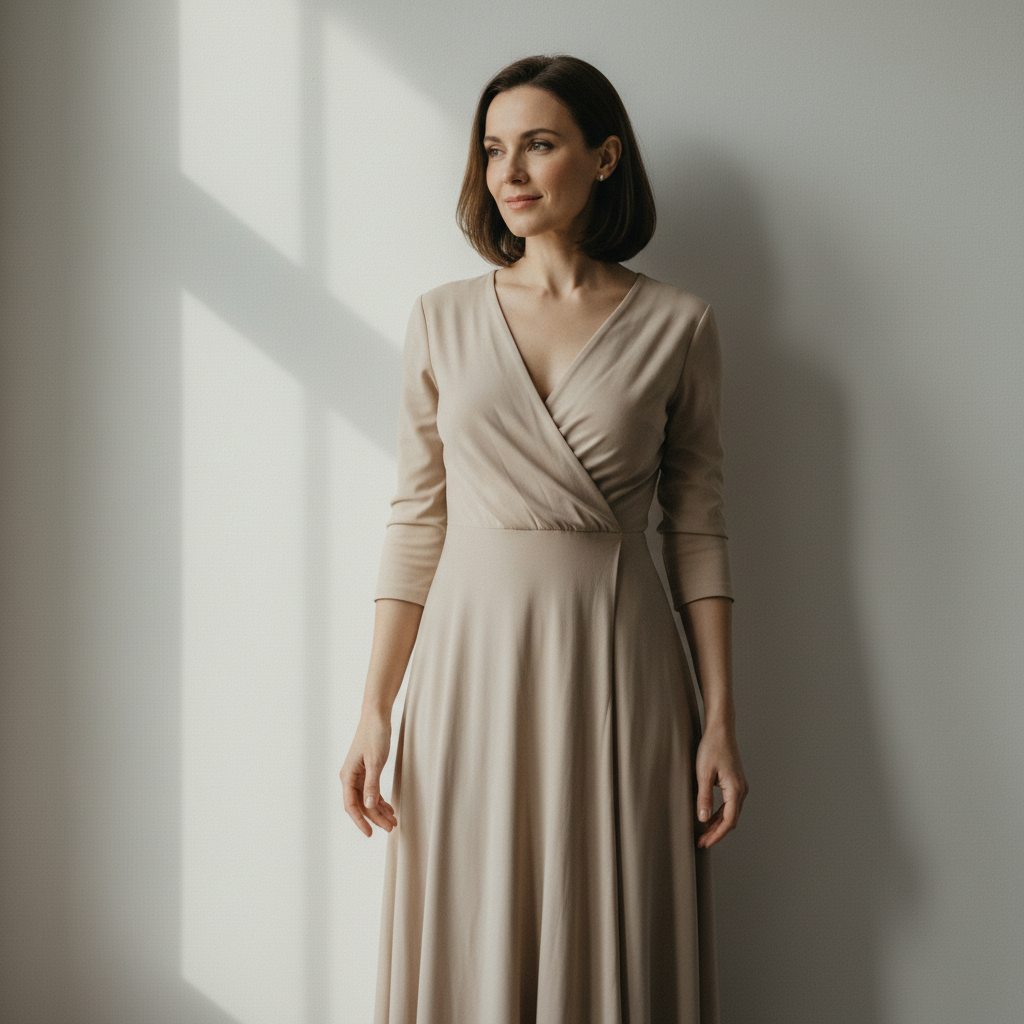 Elegant silk wrap dress in neutral tone, woman standing against clean white wall, sophisticated styling