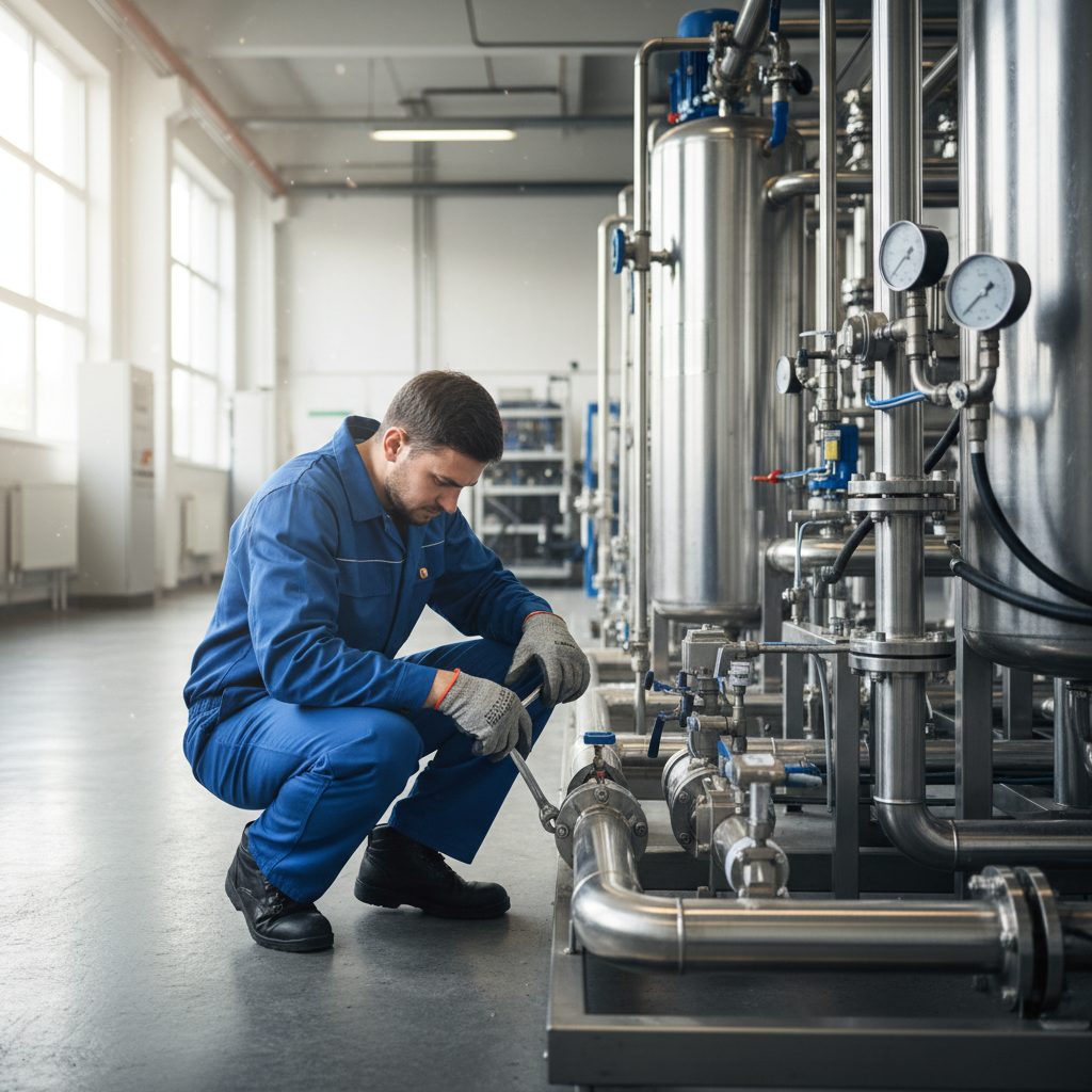 Service technician performing maintenance on water treatment system