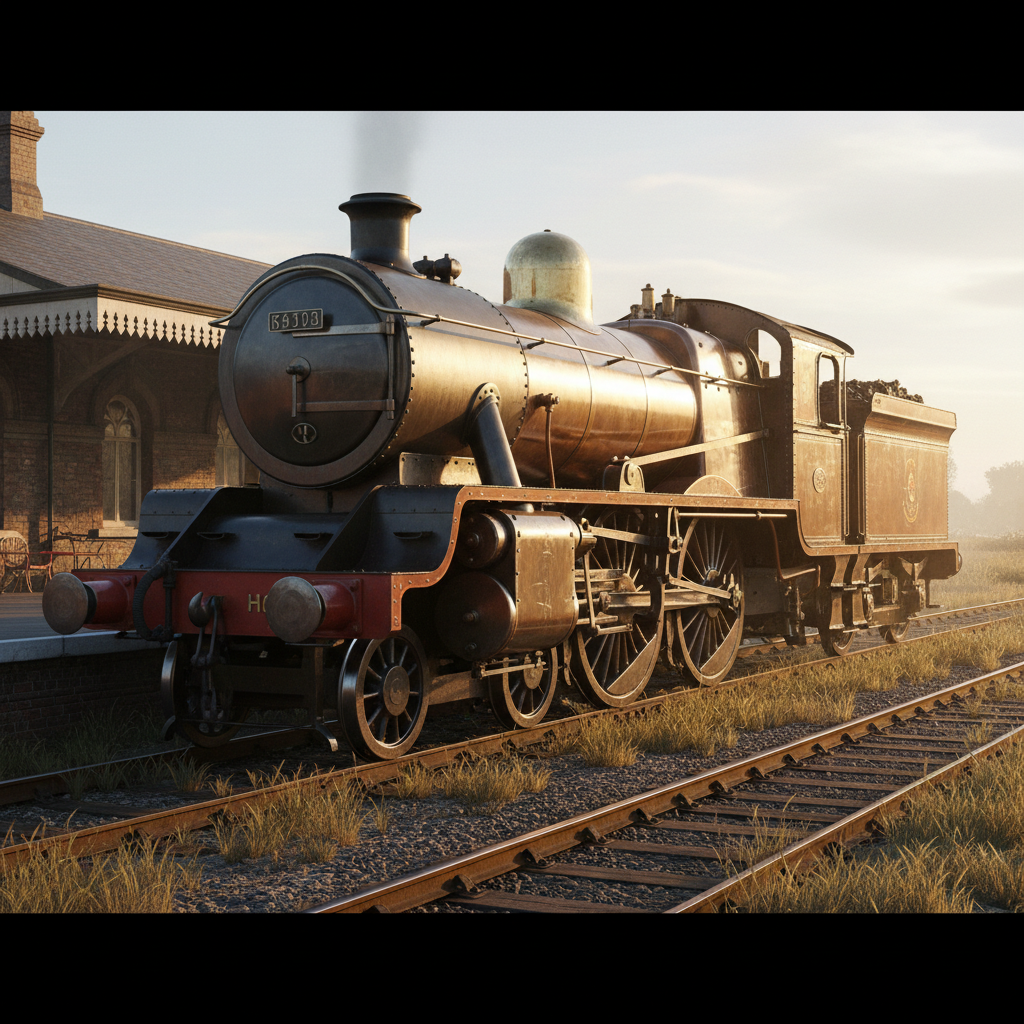 Khedive's Royal Engine side profile, full locomotive length visible, golden hour light, detailed wheel arrangement