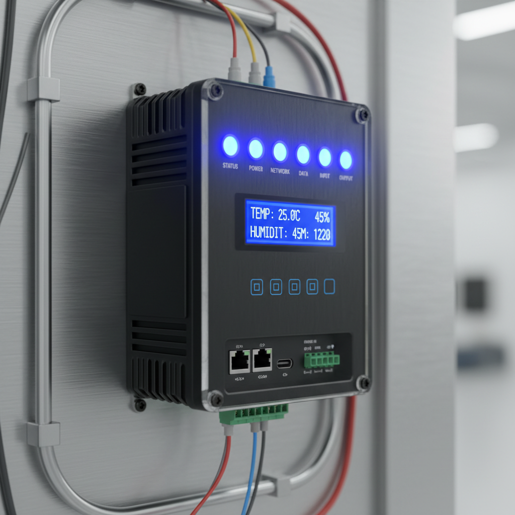 Industrial PLC controller panel with bright indicator lights, clean factory floor environment, well-lit technical equipment