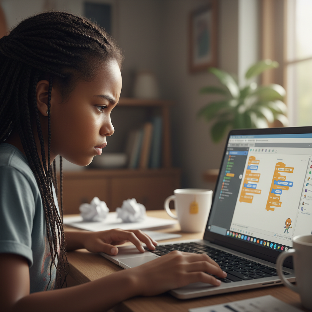 Girl with braids concentrating on a Scratch animation project