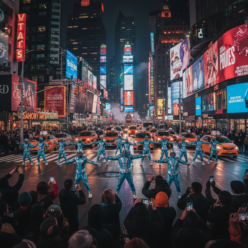Wide shot of Times Square intersection at 5th and 42nd with performers in matching outfits stopping traffic during a green light