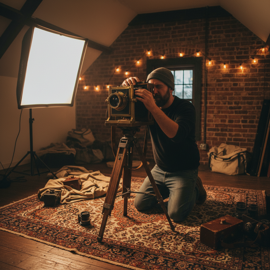 A photographer adjusting a camera on a tripod in a small makeshift studio, warm light visible