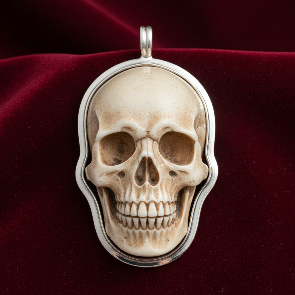 Skull cameo brooch carved from bone set in sterling silver bezel, velvet background