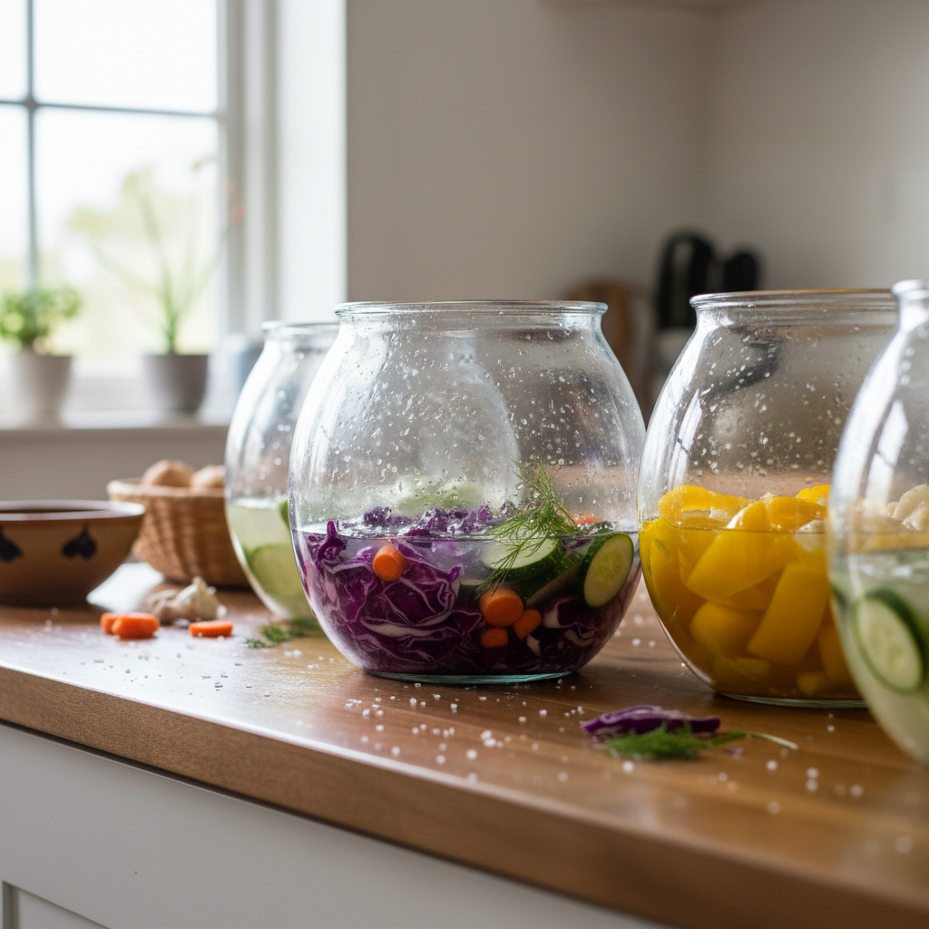 Glass fermentation crocks with vegetables submerged in brine on a kitchen counter