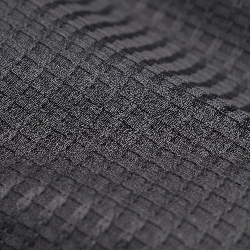 Technical fabric close-up with fine weave structure, dark charcoal tone, smooth surface texture