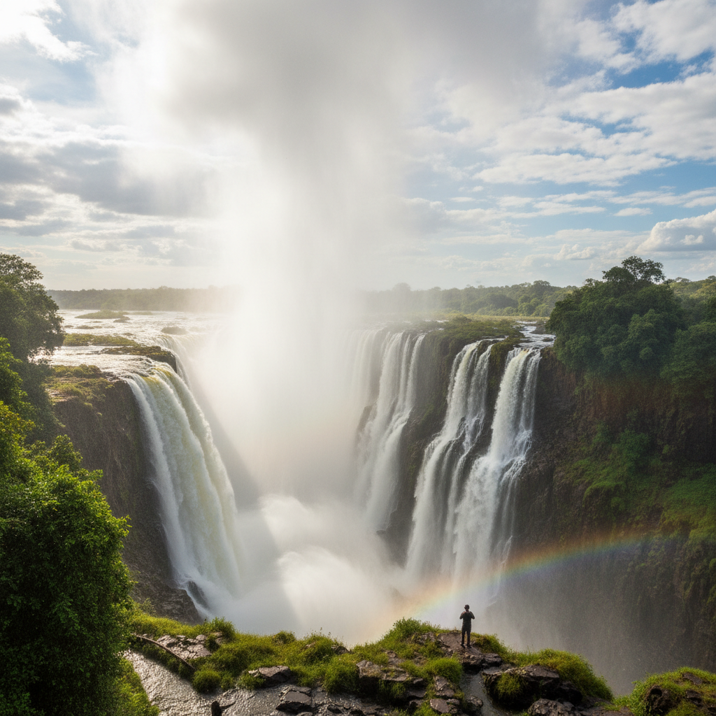 Victoria Falls with full flow and double rainbow in spray mist