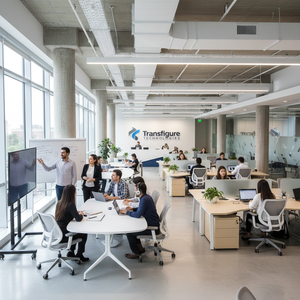Busy office workers in a modern open-plan workspace, natural light, productive atmosphere