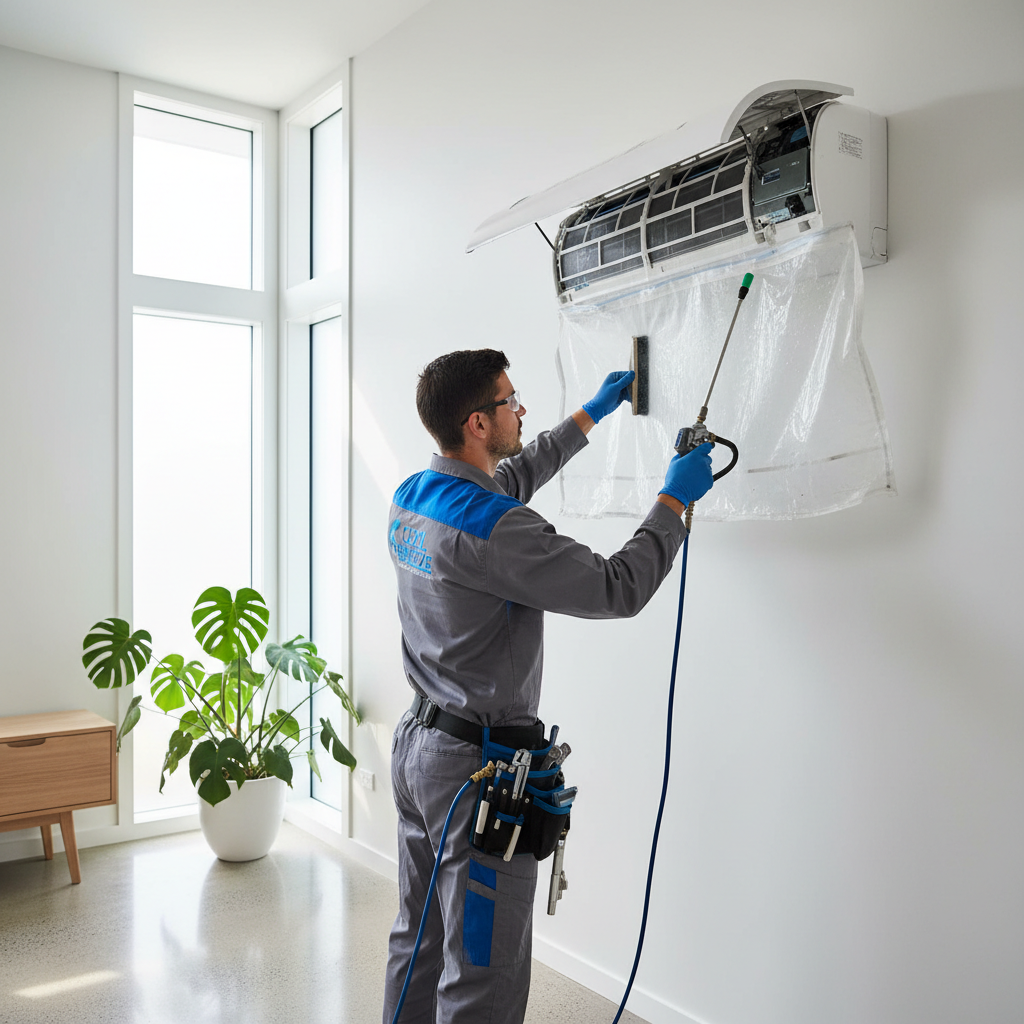 Technician performing standard AC service with filter cleaning on a split AC unit