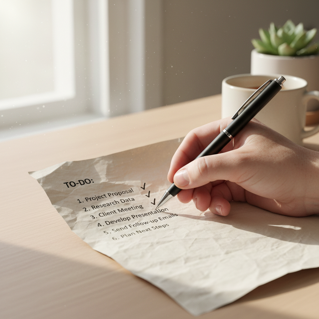Person reviewing weekly planner and task checklist at a bright organized workspace