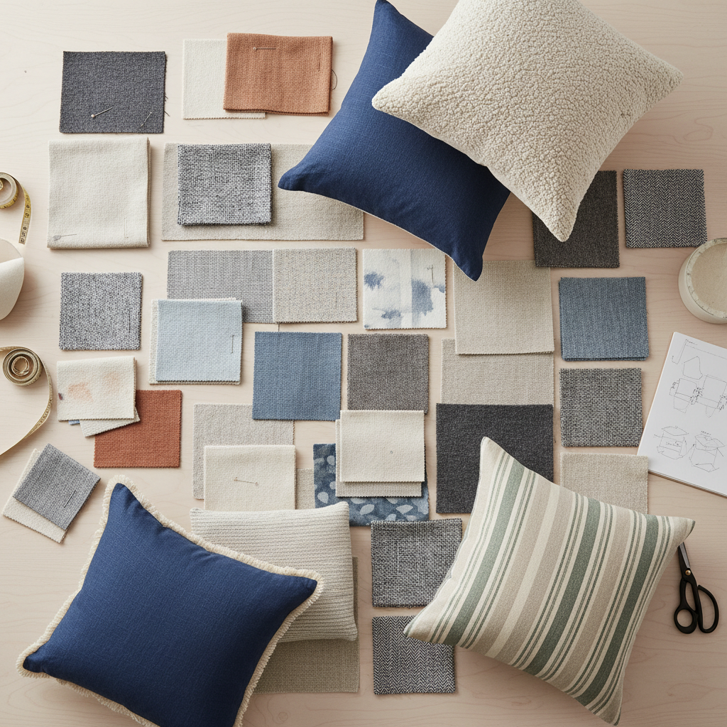 Furniture design workshop with product samples and design blueprints on table