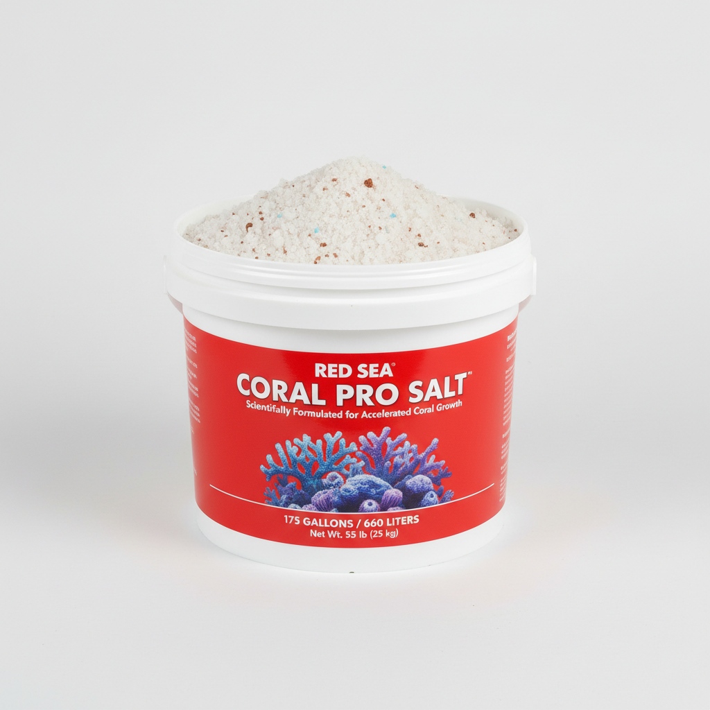 Large bucket of premium coral pro salt mix with red label