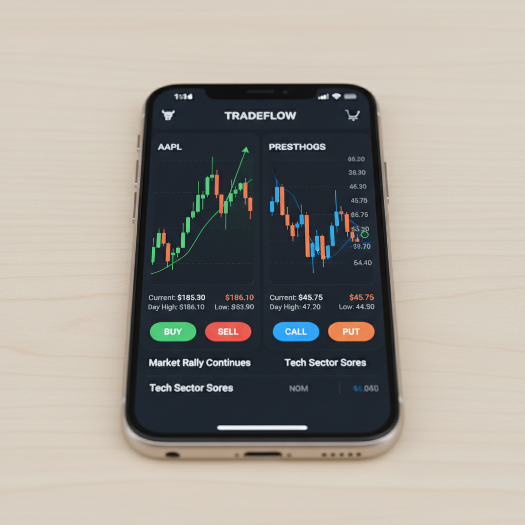 Mobile trading app interface showing stock charts with AAPL and Presthogs stocks, buy and call buttons