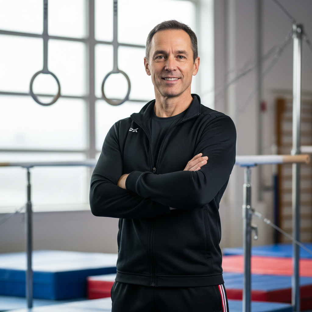 Male gymnastics coach with confident smile, standing in front of gymnastics equipment