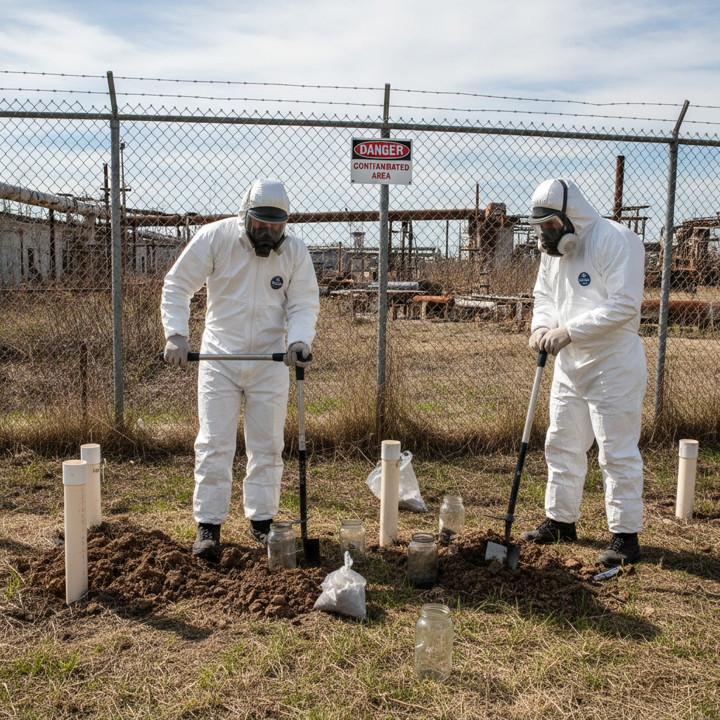Remediation crew in white Tyvek suits conducting soil sampling at contaminated industrial site with chain-link fencing and monitoring wells