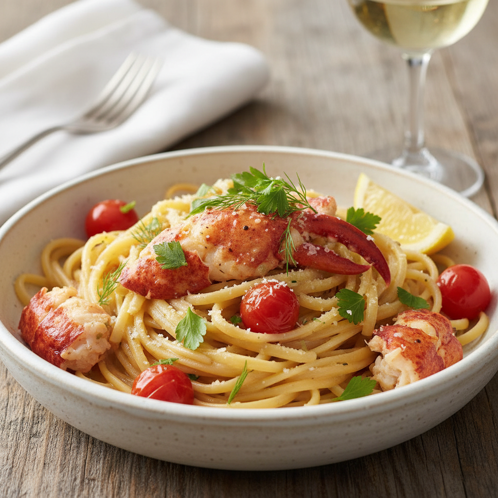 Lobster linguine with cherry tomatoes and fresh tarragon in elegant white bowl